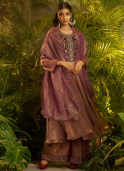 Organza Purple Wedding Wear Embroidery Work Readymade Plazzo Suit 390819
