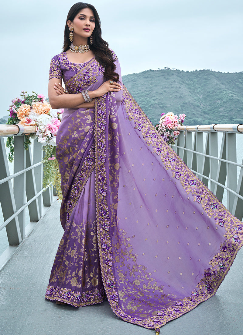 Purple Pure Tissue Silk Embroidery Work Occasional Wear Saree SW448860