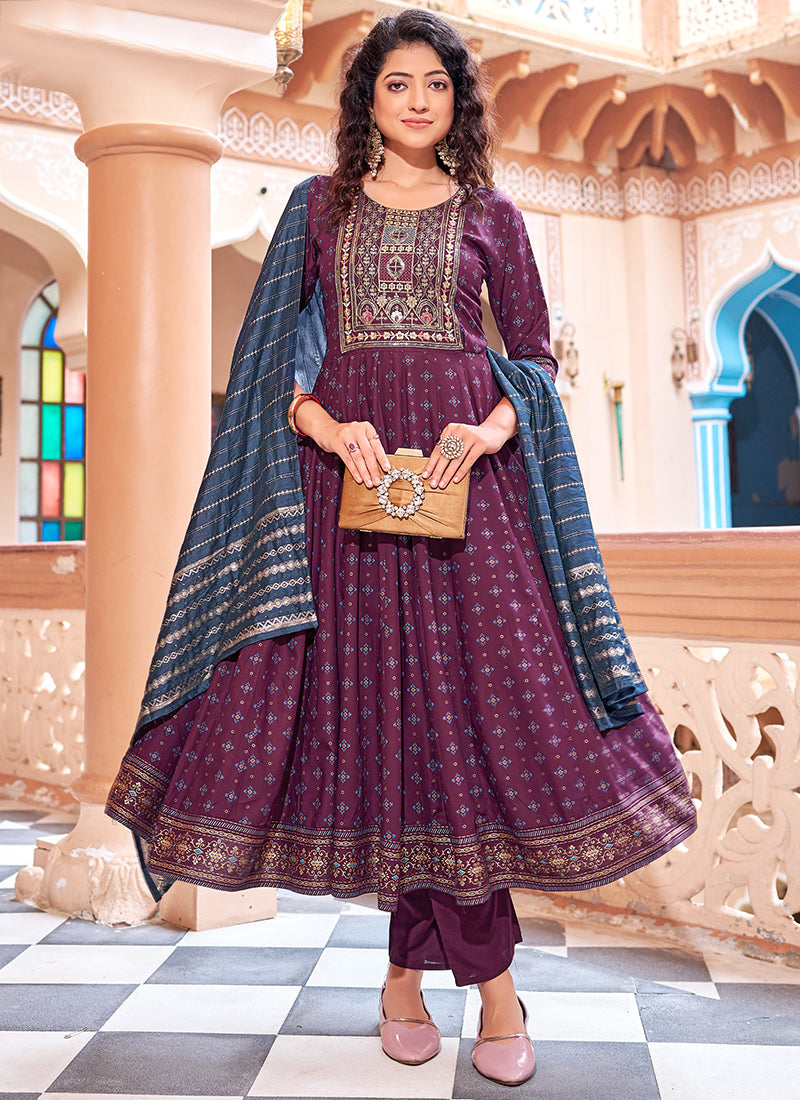 Rayon Purple Casual Wear Sequin Work Readymade Anarkali Suit 382164