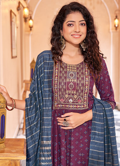 Rayon Purple Casual Wear Sequin Work Readymade Anarkali Suit 382164