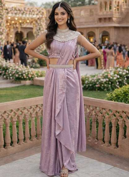 Purple Satin Silk Embroidery Work Festival Wear Readymade Saree SW317437