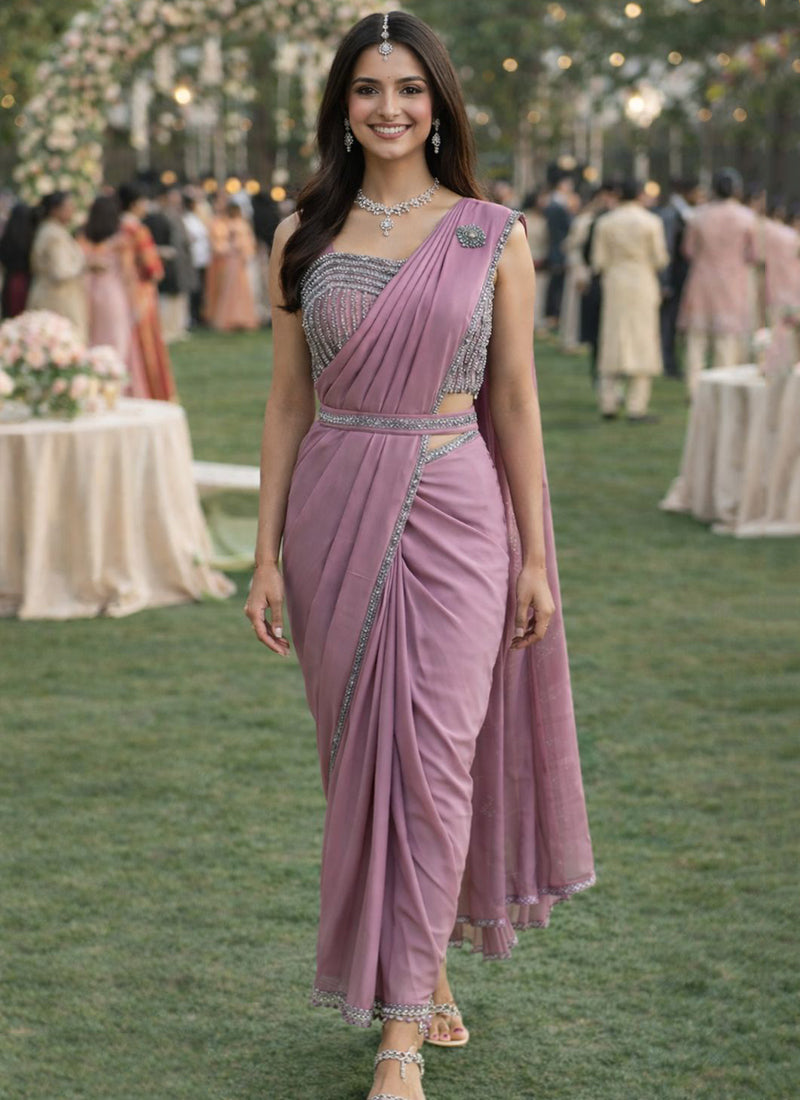 Purple Satin Silk Embroidery Work Occasional Wear Readymade Saree SW116223