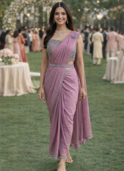 Purple Satin Silk Embroidery Work Occasional Wear Readymade Saree SW116223
