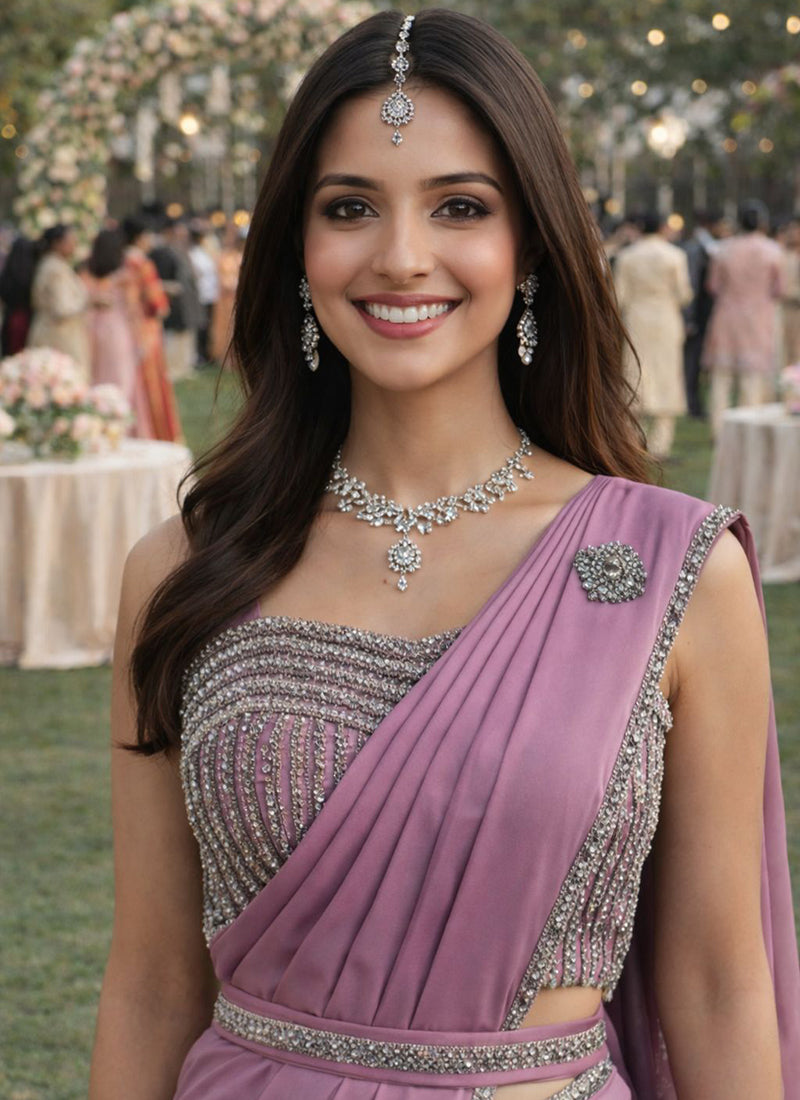Purple Satin Silk Embroidery Work Occasional Wear Readymade Saree SW116223
