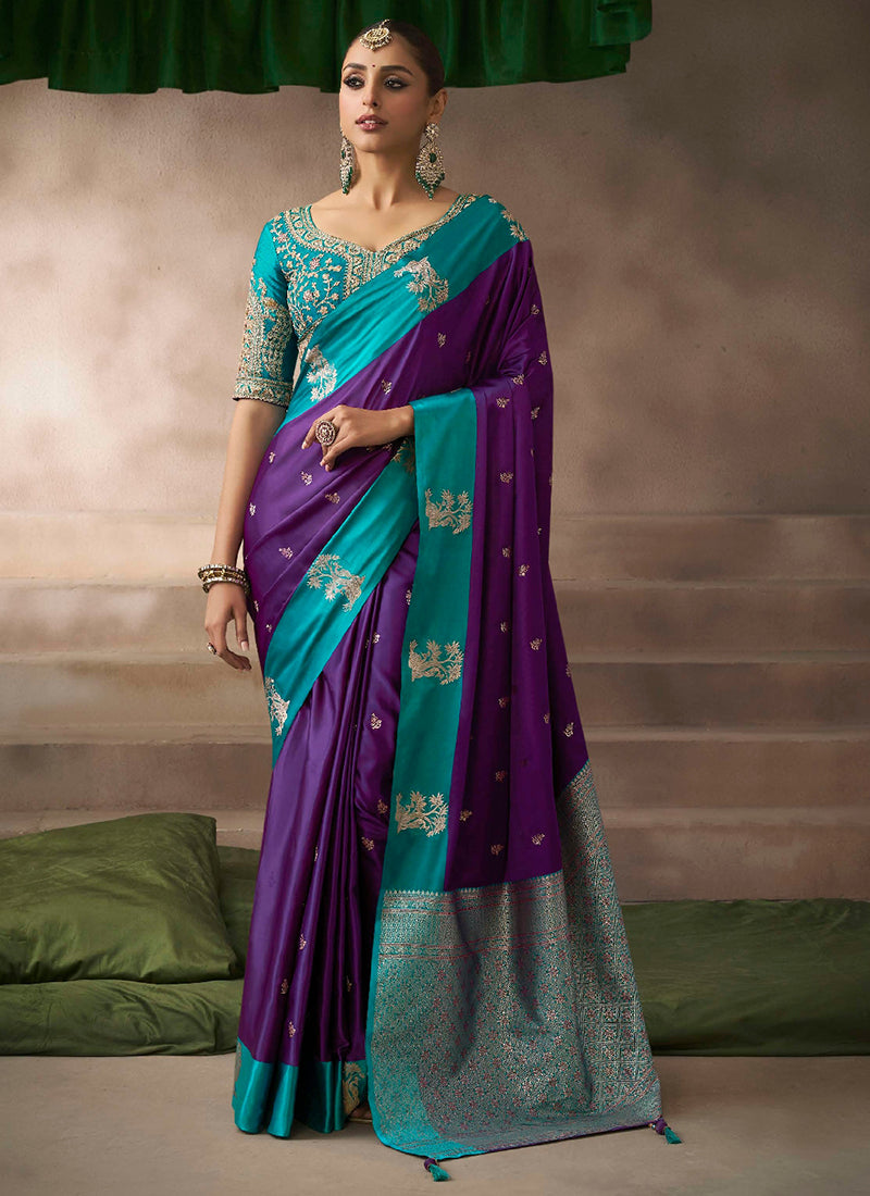 Satin Silk Purple Saree with Zari Work for Occasional Wear 383508