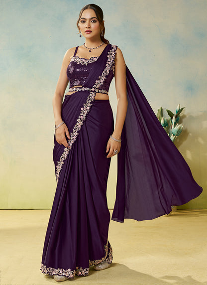 Purple Satin Silk Sequin Work Party Wear Ready To Wear Saree SW774834