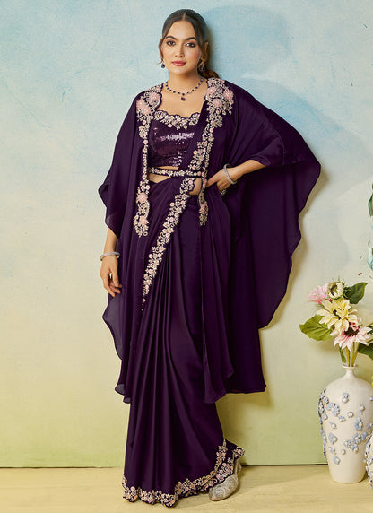 Purple Satin Silk Sequin Work Party Wear Ready To Wear Saree SW774834