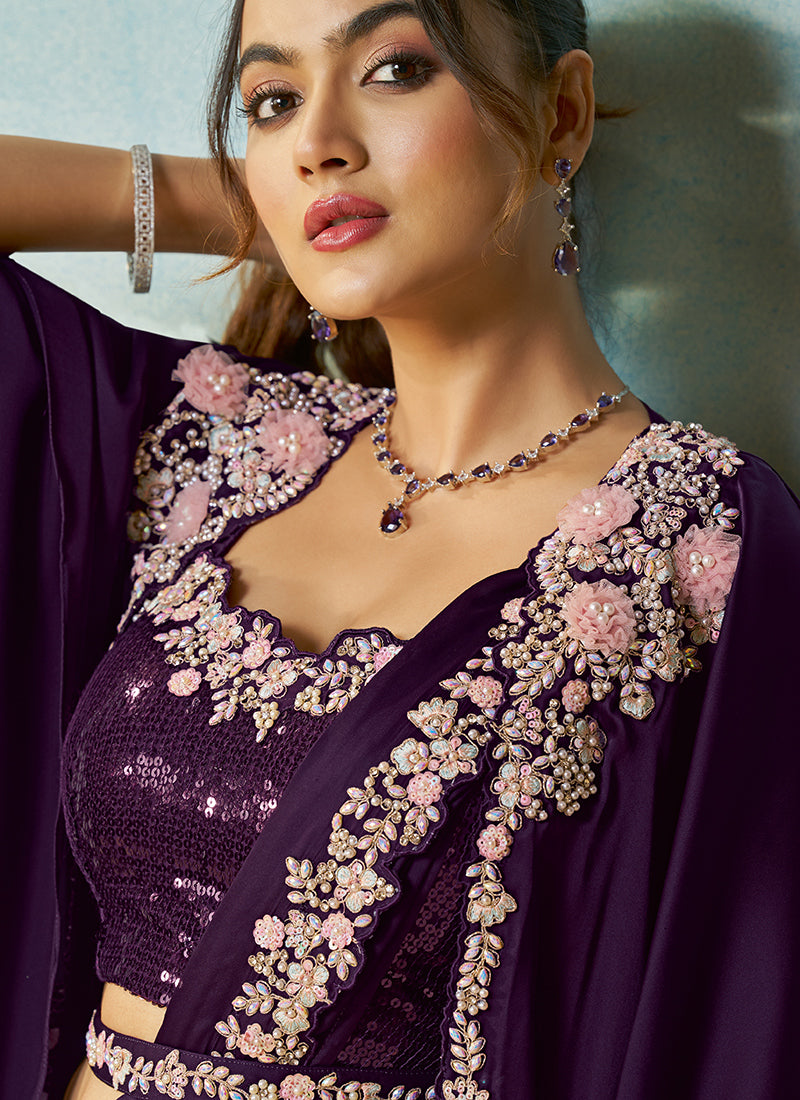 Purple Satin Silk Sequin Work Party Wear Ready To Wear Saree SW774834