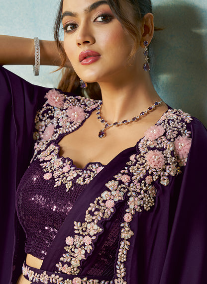 Purple Satin Silk Sequin Work Party Wear Ready To Wear Saree SW774834