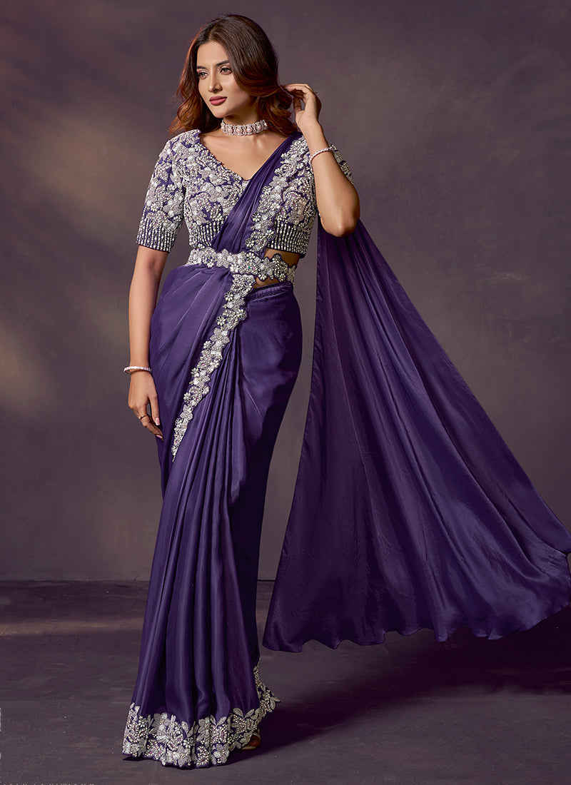 Satin Silk Purple Wedding Wear Sequins Embroidery Ready To Wear Saree 386142