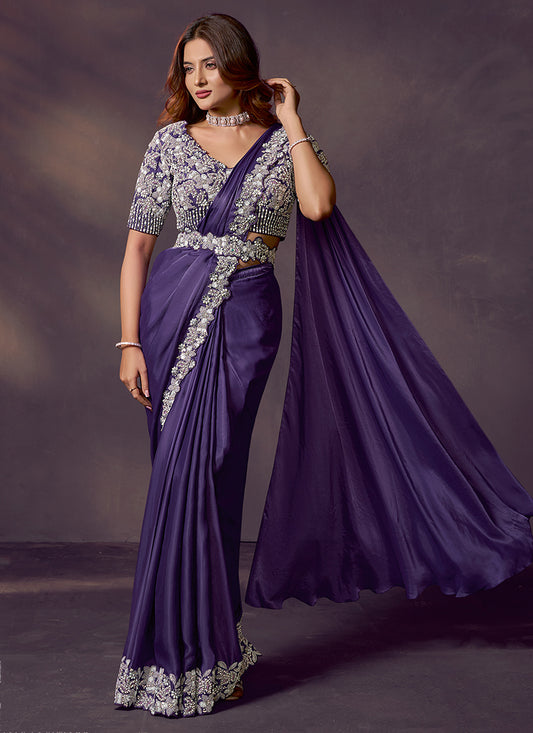 Satin Silk Purple Wedding Wear Sequins Embroidery Ready To Wear Saree 386142