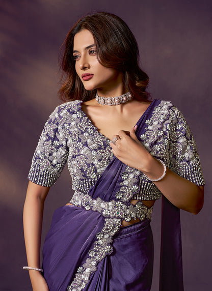 Satin Silk Purple Wedding Wear Sequins Embroidery Ready To Wear Saree 386142