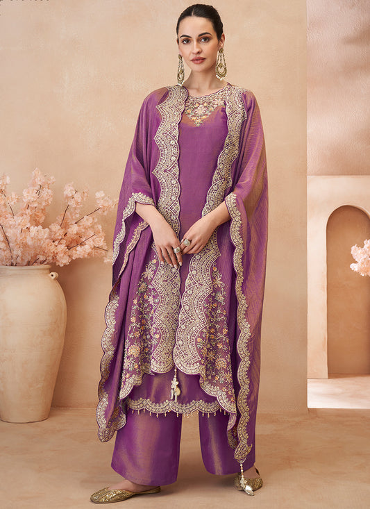 Shimmer Silk Purple Readymade Plazzo Suit with Embroidery Work for Festival Wear 385514