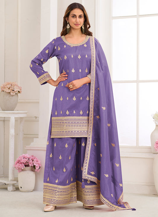 Purple Shimmer Silk Embroidery Work Festival Wear Readymade Plazzo Suit SW204180
