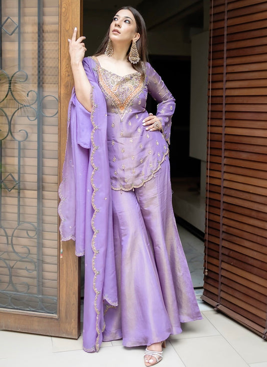Purple Shimmer Silk Embroidery Work Festival Wear Readymade Sharara Suit SW322492