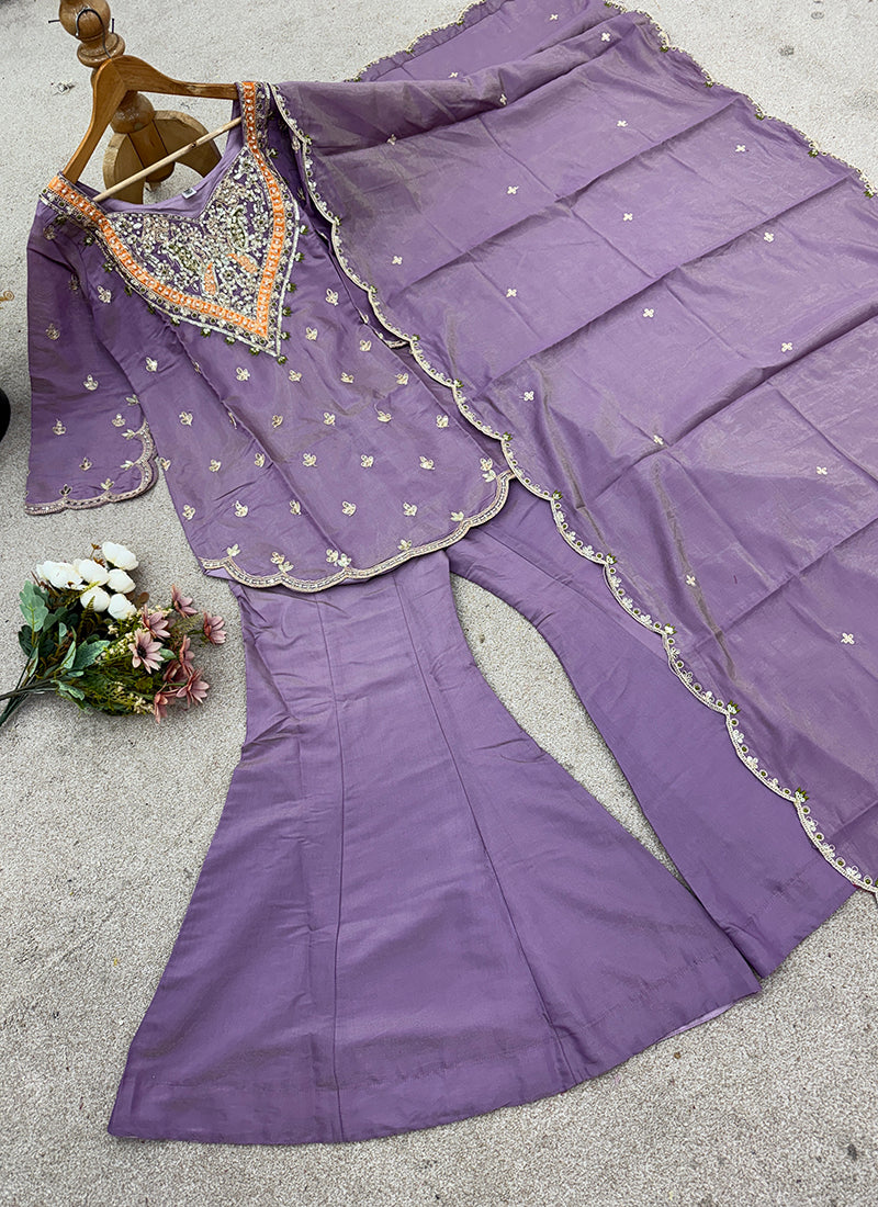 Purple Shimmer Silk Embroidery Work Festival Wear Readymade Sharara Suit SW322492