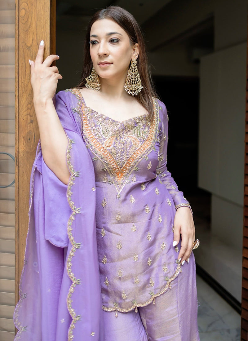 Purple Shimmer Silk Embroidery Work Festival Wear Readymade Sharara Suit SW322492