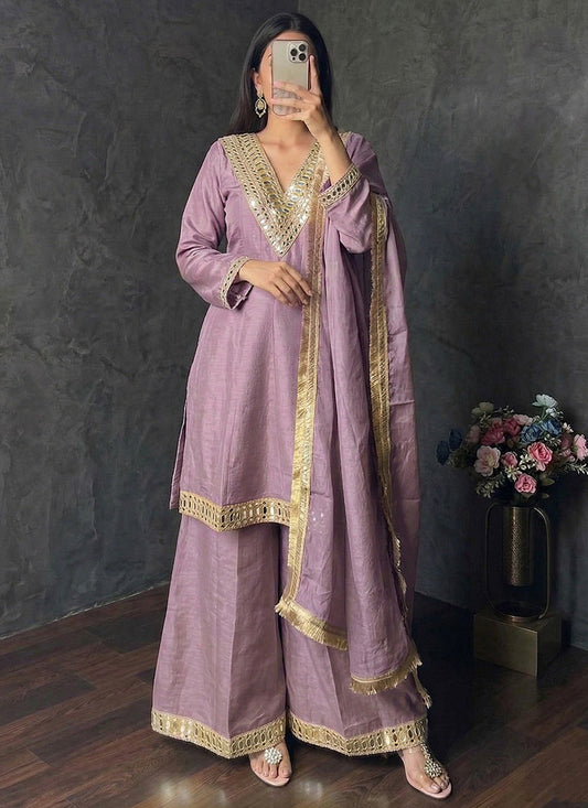 Purple Shimmer Silk Embroidery Work Occasional Wear Readymade Plazzo Suit SW572925