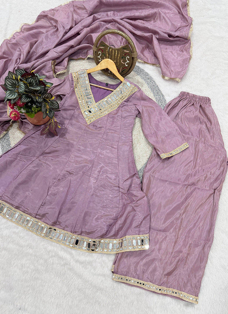Purple Shimmer Silk Embroidery Work Occasional Wear Readymade Plazzo Suit SW572925