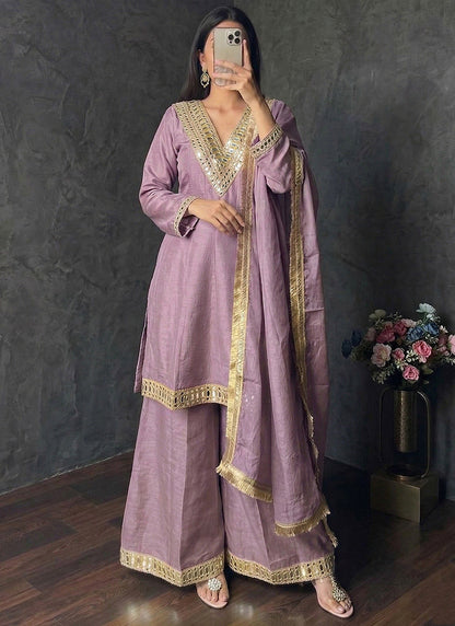 Purple Shimmer Silk Embroidery Work Occasional Wear Readymade Plazzo Suit SW572925