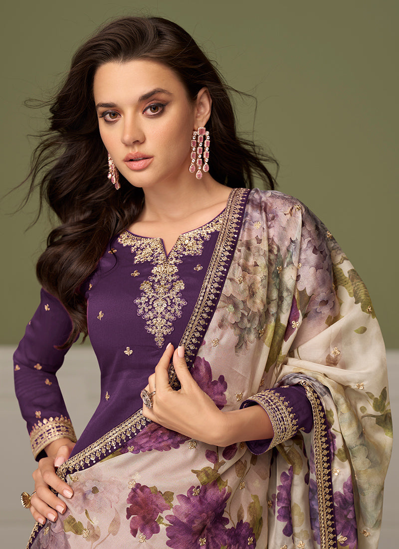Shimmer Silk Purple Wedding Wear Zari Work Readymade Palazzo Suit 384991