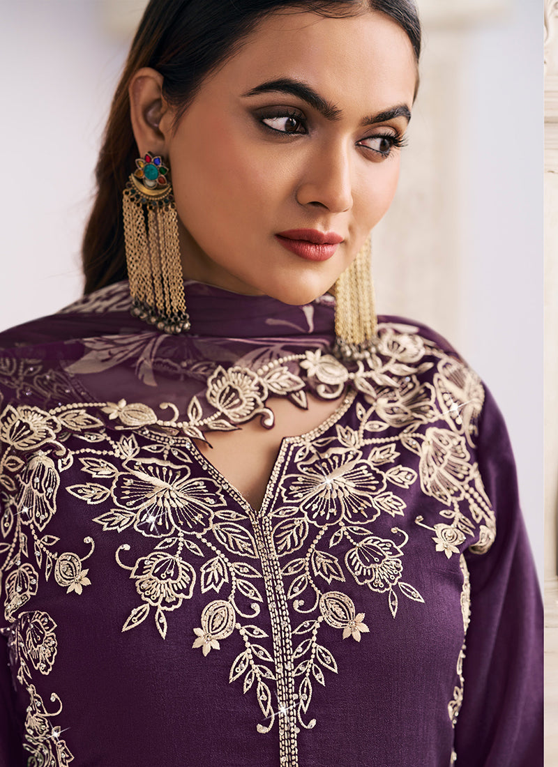 Silk Purple Wedding Wear Embroidery Work Readymade Plazzo Suit 385166