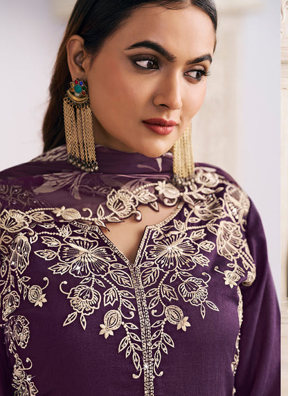 Silk Purple Wedding Wear Embroidery Work Readymade Plazzo Suit 385166
