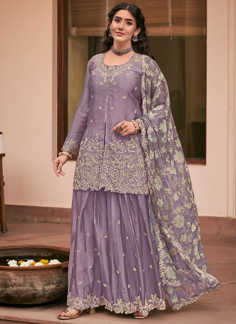 Purple Silk Embroidery Work Occasional Wear Readymade Plazzo Suit SW714606