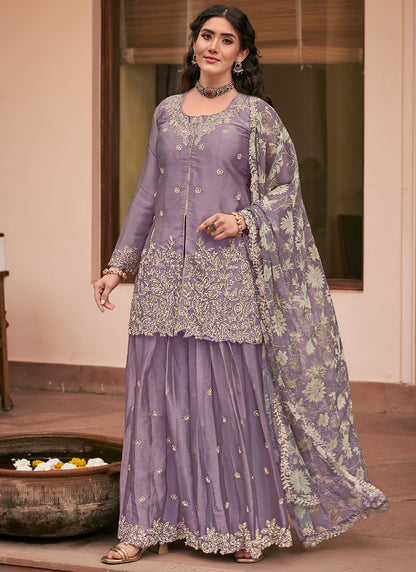 Purple Silk Embroidery Work Occasional Wear Readymade Plazzo Suit SW714606