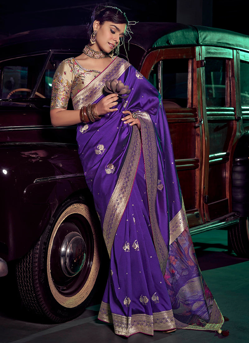 Silk Purple Saree with Embroidery Work for Party Wear 383031