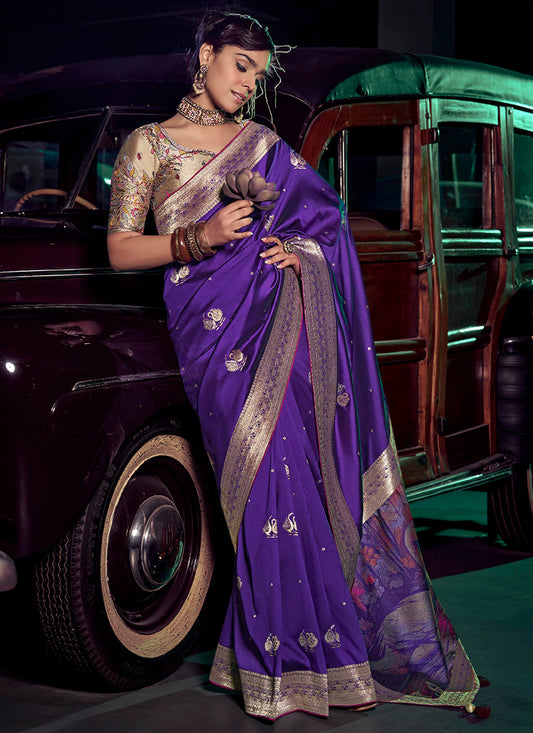 Silk Purple Saree with Embroidery Work for Party Wear 383031