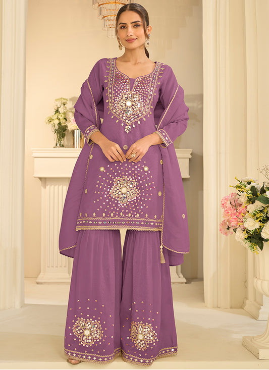 Silk Purple Party Wear Mirror Work Readymade Gharara Suit 390772
