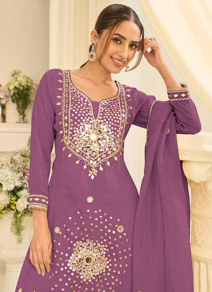 Silk Purple Party Wear Mirror Work Readymade Gharara Suit 390772