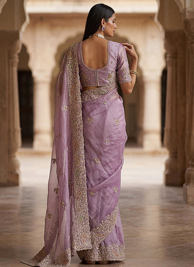 Purple Silk Embroidery Work Wedding Wear Saree SW213298
