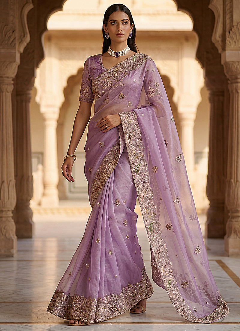 Purple Silk Embroidery Work Wedding Wear Saree SW213298