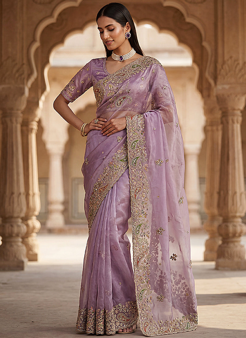 Purple Silk Embroidery Work Wedding Wear Saree SW213298