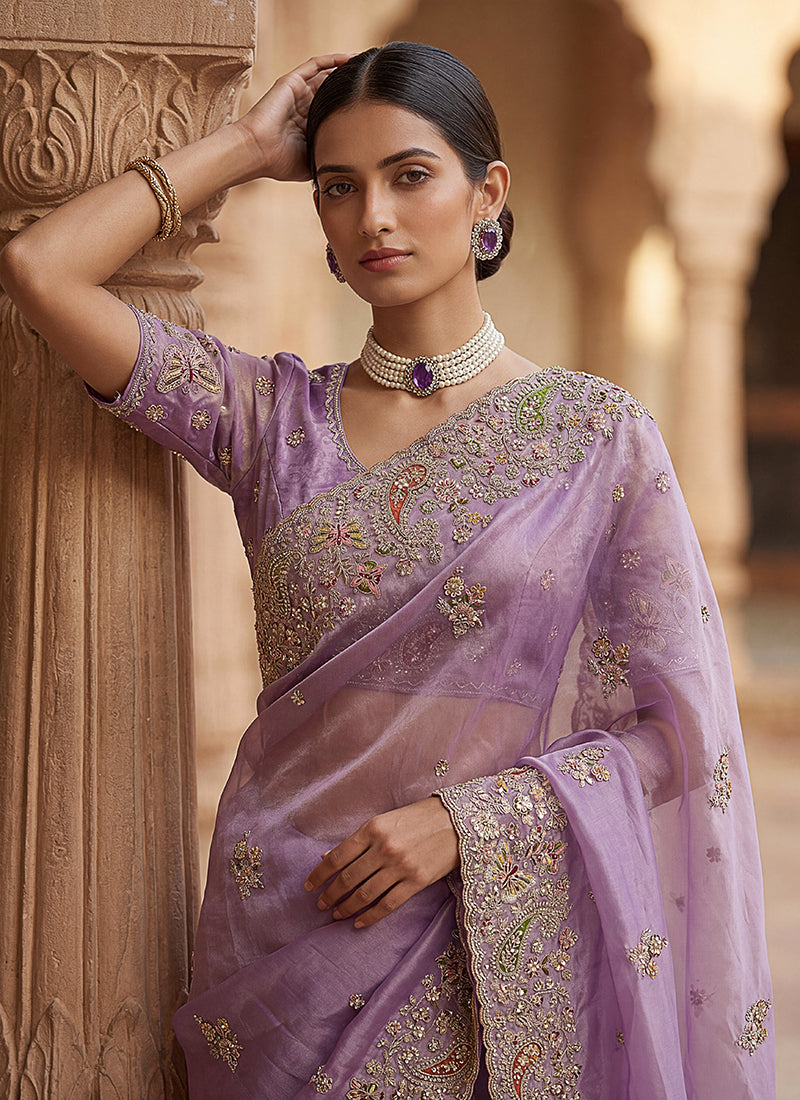 Purple Silk Embroidery Work Wedding Wear Saree SW213298