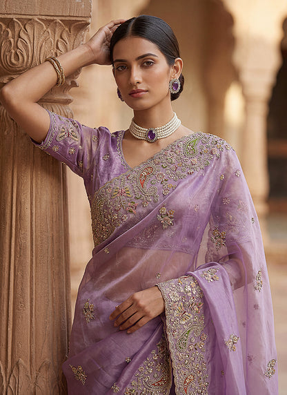Purple Silk Embroidery Work Wedding Wear Saree SW213298
