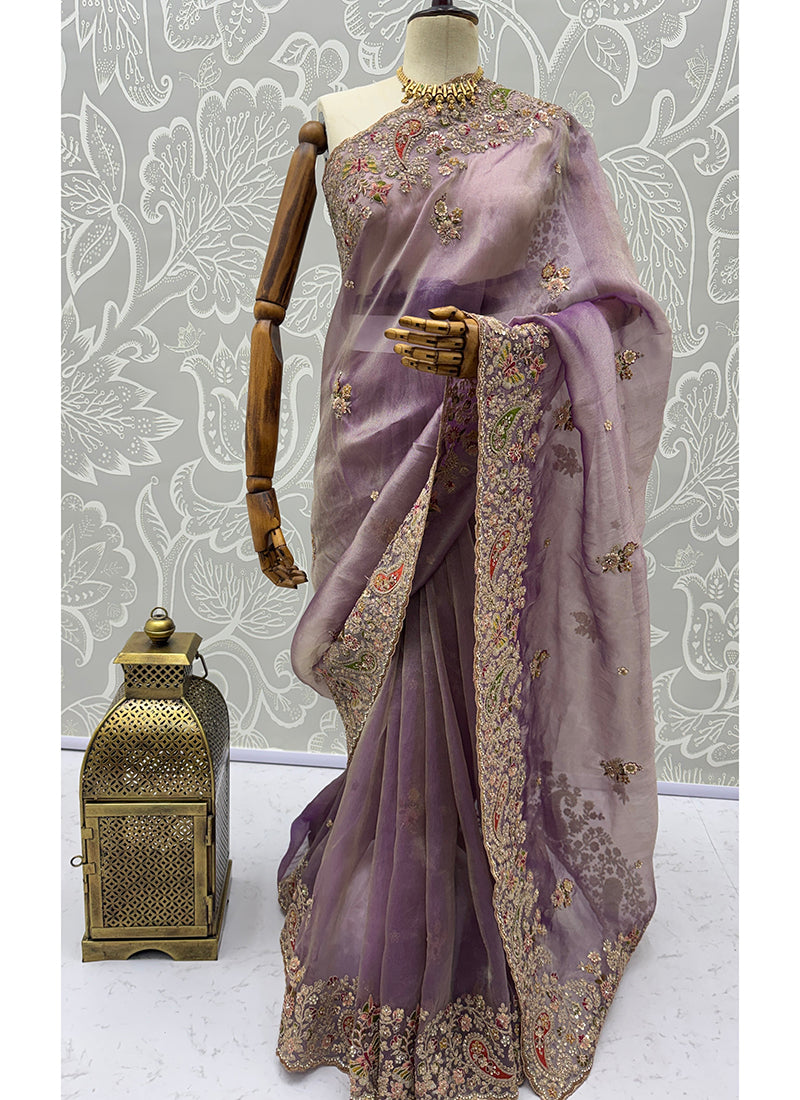Purple Silk Embroidery Work Wedding Wear Saree SW213298