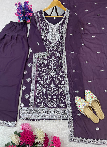 Star Faux Georgette Purple Eid Wear Embroidery Work Readymade Pakistani Suit 387289