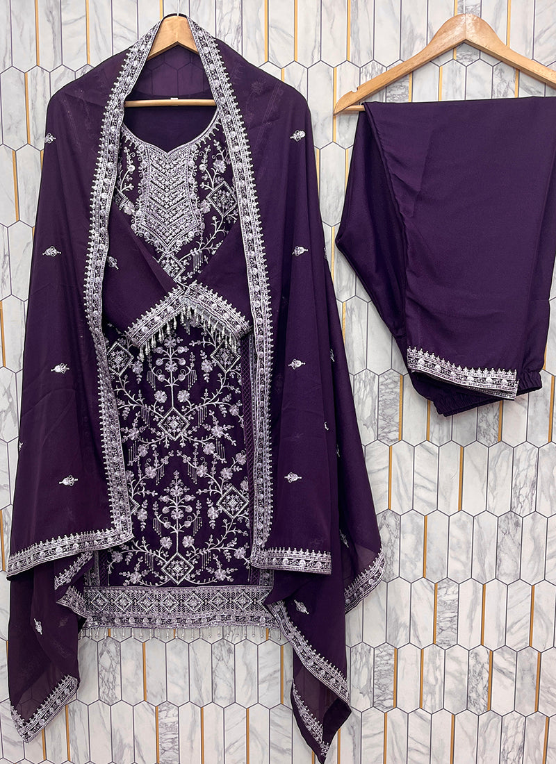 Star Faux Georgette Purple Eid Wear Embroidery Work Readymade Pakistani Suit 387289