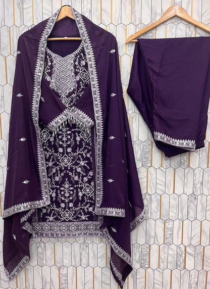 Star Faux Georgette Purple Eid Wear Embroidery Work Readymade Pakistani Suit 387289