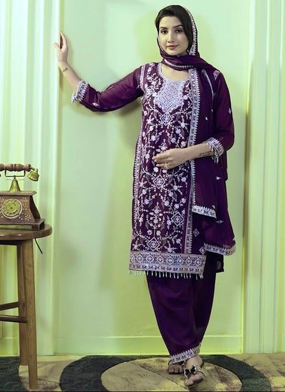 Star Faux Georgette Purple Eid Wear Embroidery Work Readymade Pakistani Suit 387289