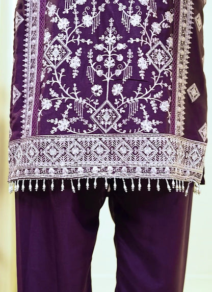 Star Faux Georgette Purple Eid Wear Embroidery Work Readymade Pakistani Suit 387289