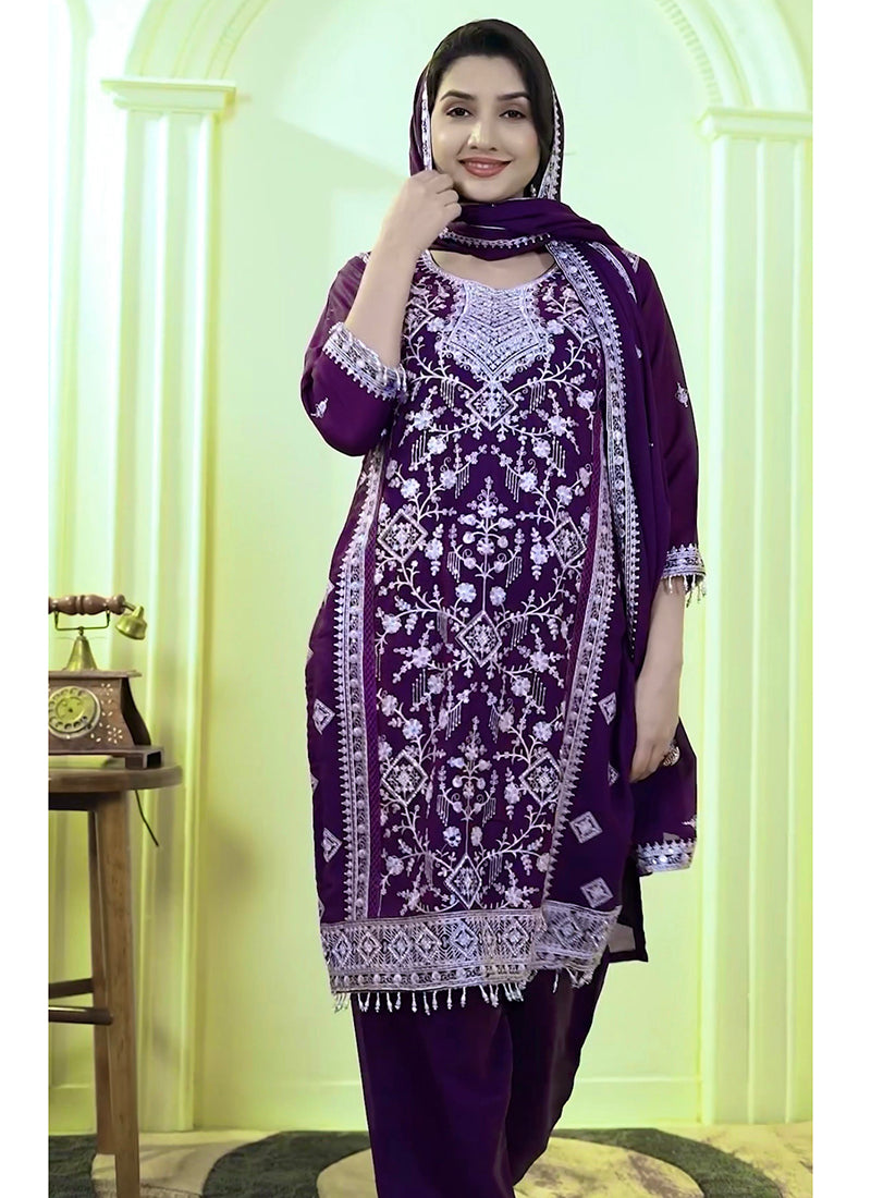 Star Faux Georgette Purple Eid Wear Embroidery Work Readymade Pakistani Suit 387289