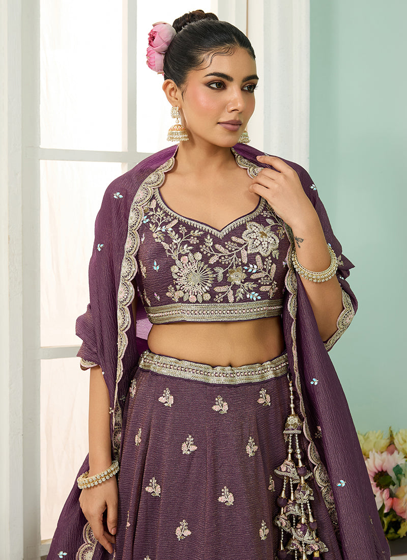 Tissue Purple Bridal Lehenga Choli Embroidery Work Lehenga Choli 385344