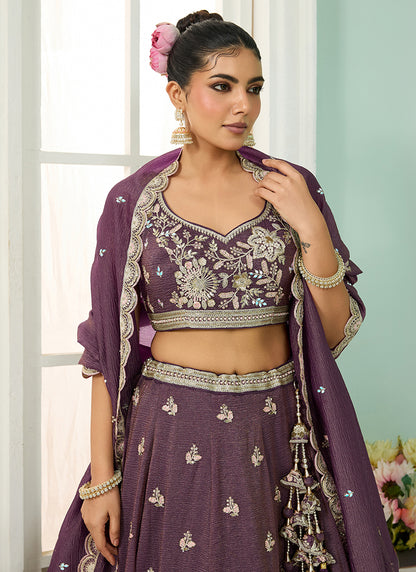 Tissue Purple Bridal Lehenga Choli Embroidery Work Lehenga Choli 385344
