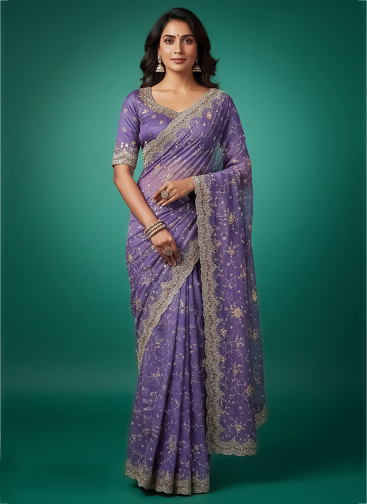 Tissue Silk Purple Saree with Thread Embroidery Work for Wedding Wear 384484