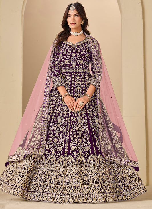 Purple Velvet Embroidery Work Party Wear Gown With Dupatta SW707525