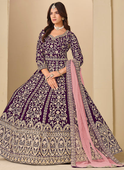 Purple Velvet Embroidery Work Party Wear Gown With Dupatta SW707525